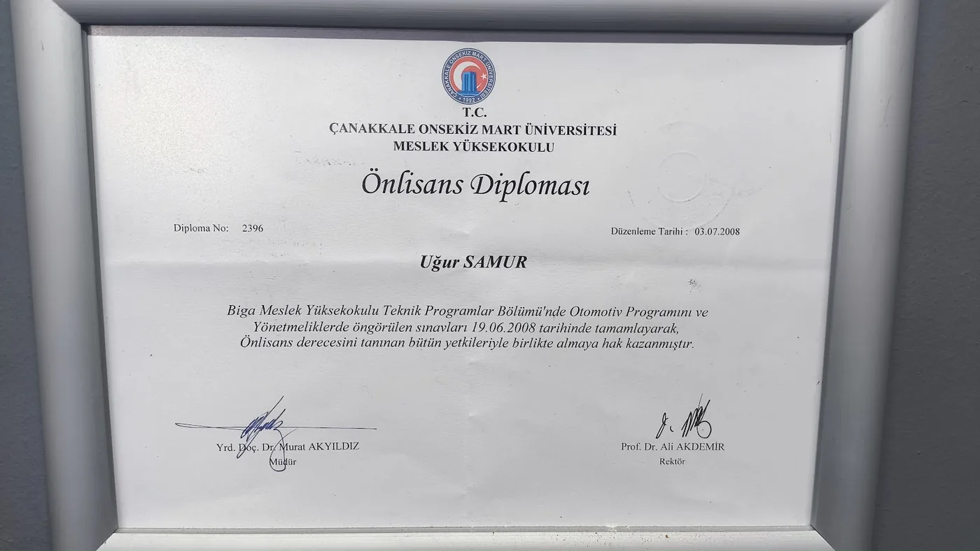 ÇOMÜ Otomotiv Programı Ön Lisans Diploması Uğur Samur